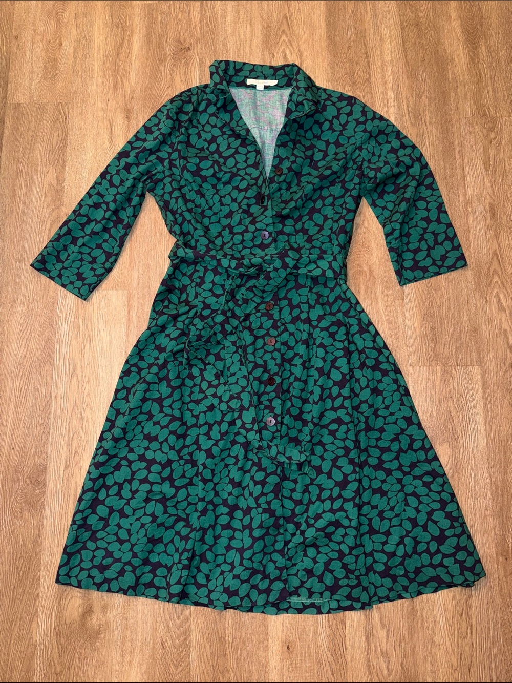 Boden Green Black Leaf Print Belted Shirt Dress Cotton 3/4 Sleeve Midi Size 14L